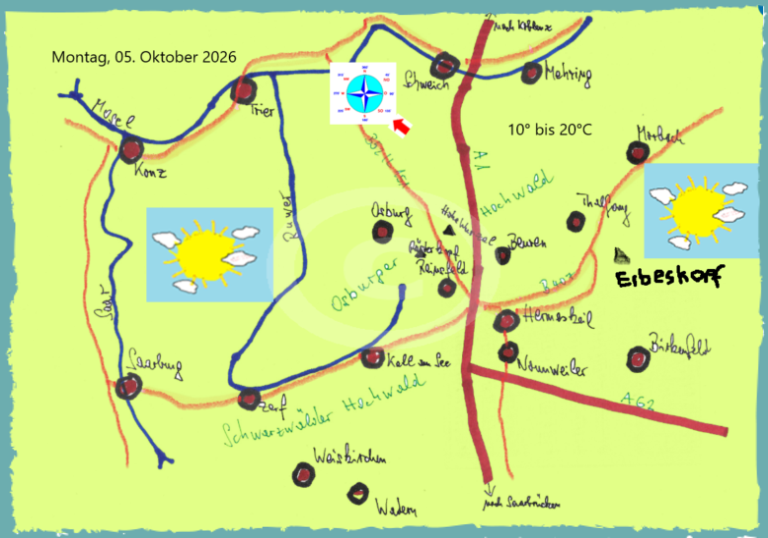 Die Tageswetterkarte für die Region zwischen Saar, Mosel, Landesgrenze zum Saarland und im Osten Morbach, zeigt mit Symbolen das Wetter an.