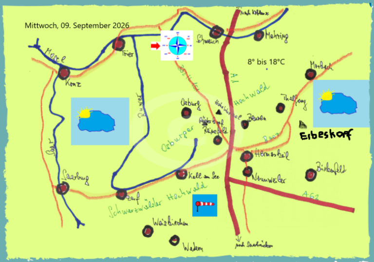 Die Tageswetterkarte für die Region zwischen Saar, Mosel, Landesgrenze zum Saarland und im Osten Morbach, zeigt mit Symbolen das Wetter an.