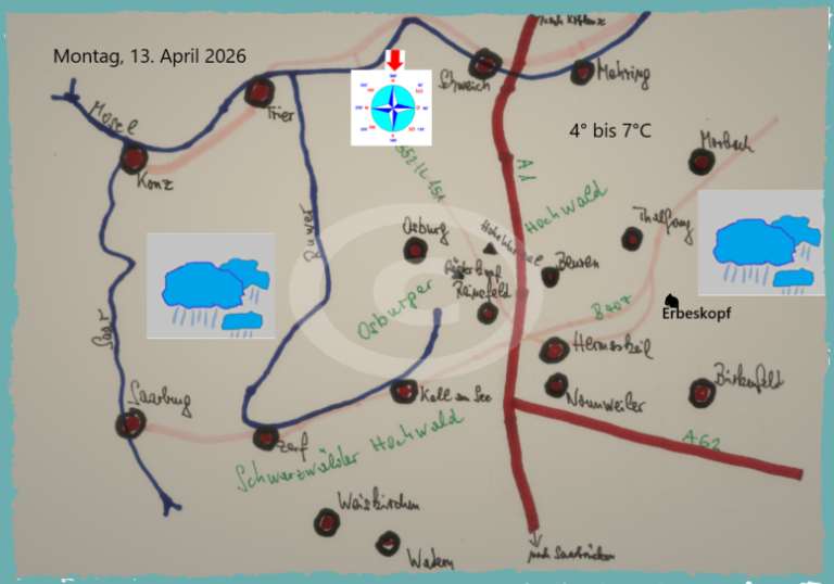 Die Tageswetterkarte für die Region zwischen Saar, Mosel, Landesgrenze zum Saarland und im Osten Morbach, zeigt mit Symbolen das Wetter an.