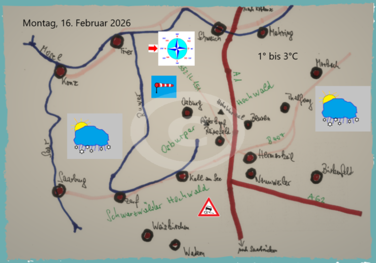 Die Tageswetterkarte für die Region zwischen Saar, Mosel, Landesgrenze zum Saarland und im Osten Morbach, zeigt mit Symbolen das Wetter an.