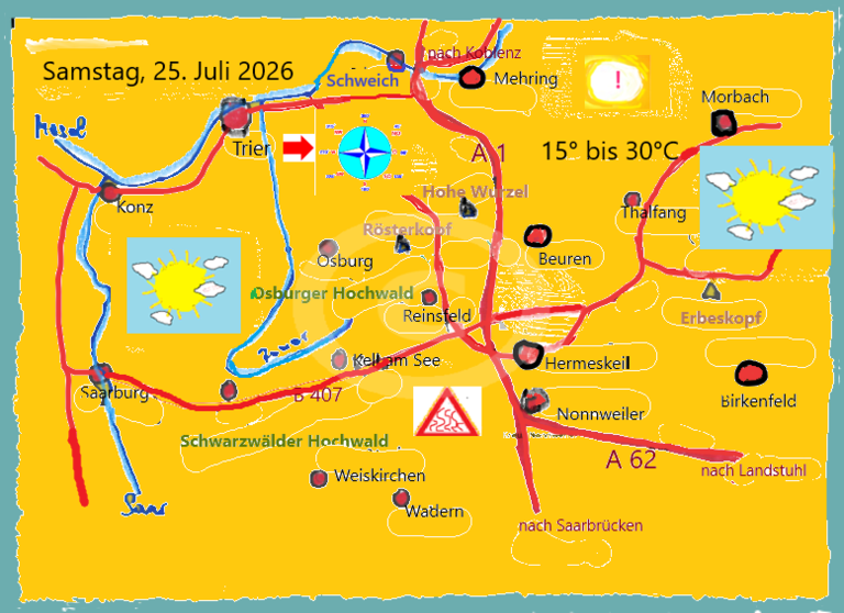 Die Tageswetterkarte für die Region zwischen Saar, Mosel, Landesgrenze zum Saarland und im Osten Morbach, zeigt mit Symbolen das Wetter an.