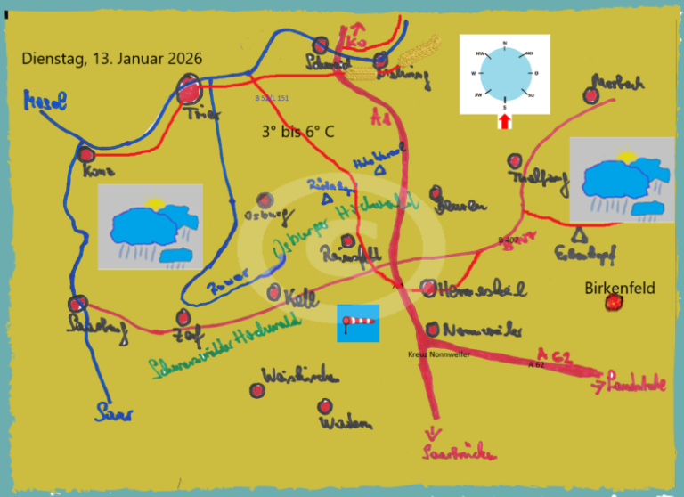 Die Tageswetterkarte für die Region zwischen Saar, Mosel, Landesgrenze zum Saarland und im Osten Morbach, zeigt mit Symbolen das Wetter an.