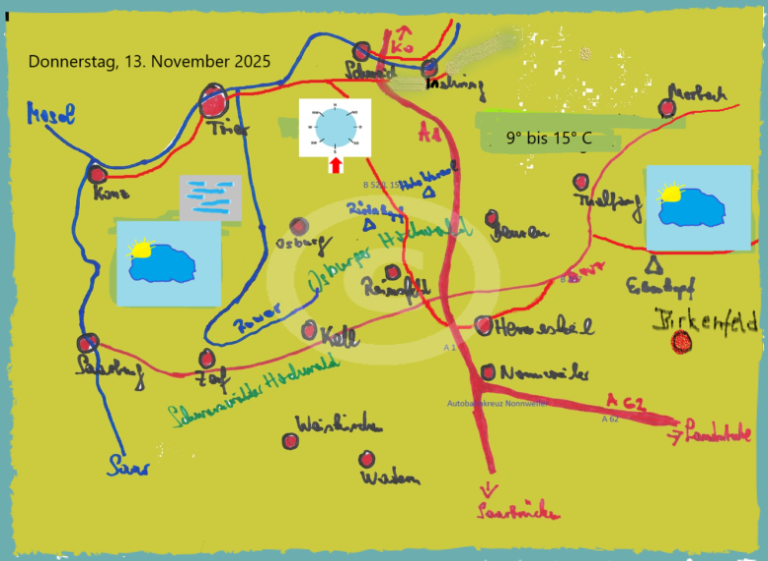 Die Tageswetterkarte für die Region zwischen Saar, Mosel, Landesgrenze zum Saarland und im Osten Morbach, zeigt mit Symbolen das Wetter an.
