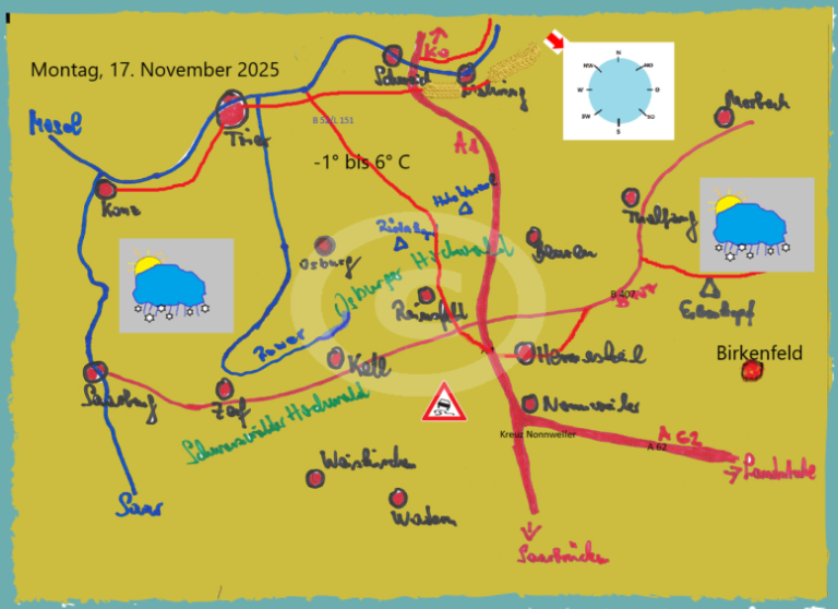 Die Tageswetterkarte für die Region zwischen Saar, Mosel, Landesgrenze zum Saarland und im Osten Morbach, zeigt mit Symbolen das Wetter an.